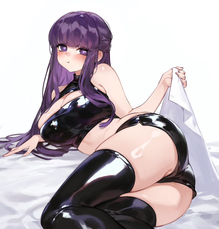 1girl :t alternate_costume ass bare_shoulders bed_sheet blunt_bangs blush breasts closed_mouth contemporary fern_(sousou_no_frieren) foolish_potato highres large_breasts leather long_hair looking_at_viewer pout purple_eyes purple_hair shorts solo sousou_no_frieren thick_thighs thighs
