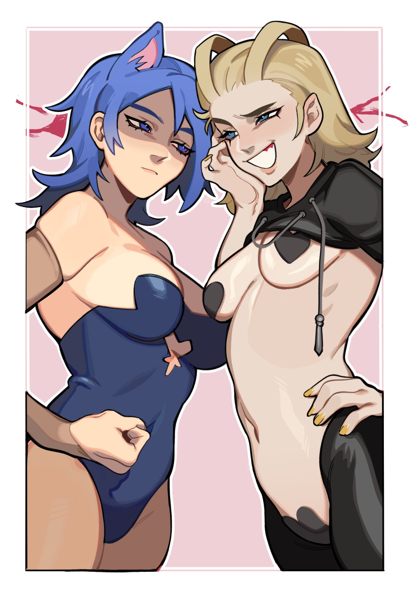 2girls :d absurdres animal_ears antenna_hair aqua_(kingdom_hearts) black_hoodie black_maebari black_pasties blonde_hair blue_eyes blue_hair blue_leotard breasts bridal_gauntlets closed_mouth clothes_lift cowboy_shot grin hair_slicked_back hand_on_own_face hand_on_own_hip heart_maebari heart_pasties highres hood hoodie hoodie_lift kingdom_hearts larxene leotard looking_at_another maebari medium_breasts medium_hair meme_attire multiple_girls open_mouth pantyhose pasties pink_background porqueloin reverse_bunnysuit reverse_outfit simple_background small_breasts smile standing strapless strapless_leotard teeth yellow_nails