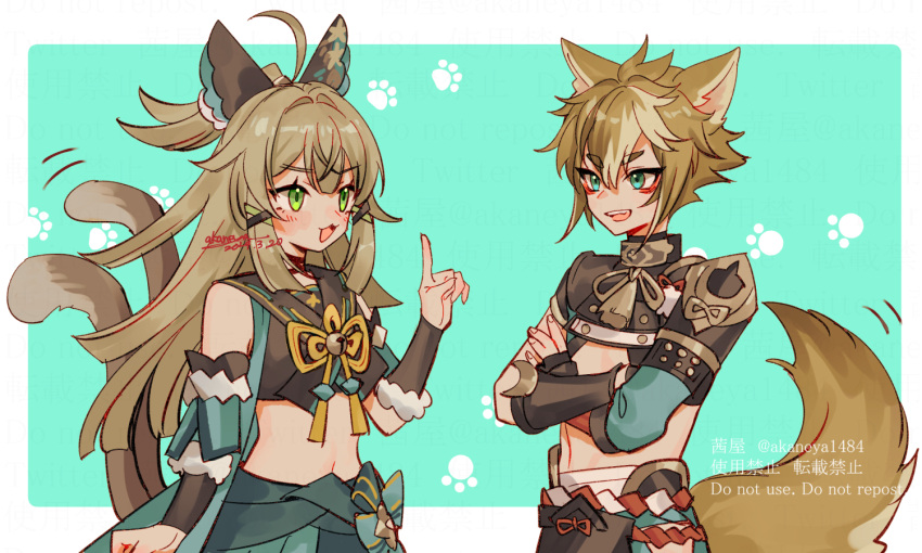 1boy 1girl :3 ahoge animal_ears armor blue_eyes brown_hair cat_ears cat_girl cat_tail commentary_request crossed_arms dog_boy dog_ears dog_tail genshin_impact gorou_(genshin_impact) green_eyes hair_between_eyes index_finger_raised japanese_armor japanese_clothes kirara_(genshin_impact) long_hair multiple_tails ojo_aa open_mouth paw_print simple_background tail twitter_username two-tone_background two_tails