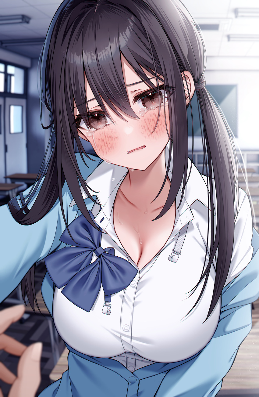 1girl absurdres black_hair blue_bow blue_bowtie blue_cardigan blush bow bowtie breasts brown_eyes cardigan cleavage collarbone collared_shirt commentary_request crying crying_with_eyes_open dress_shirt hair_between_eyes highres indoors kuro_namako large_breasts long_hair looking_at_viewer original parted_lips partially_unbuttoned pov school_uniform shirt sidelocks single_off_shoulder solo_focus tears teeth twintails undone_bowtie upper_body white_shirt