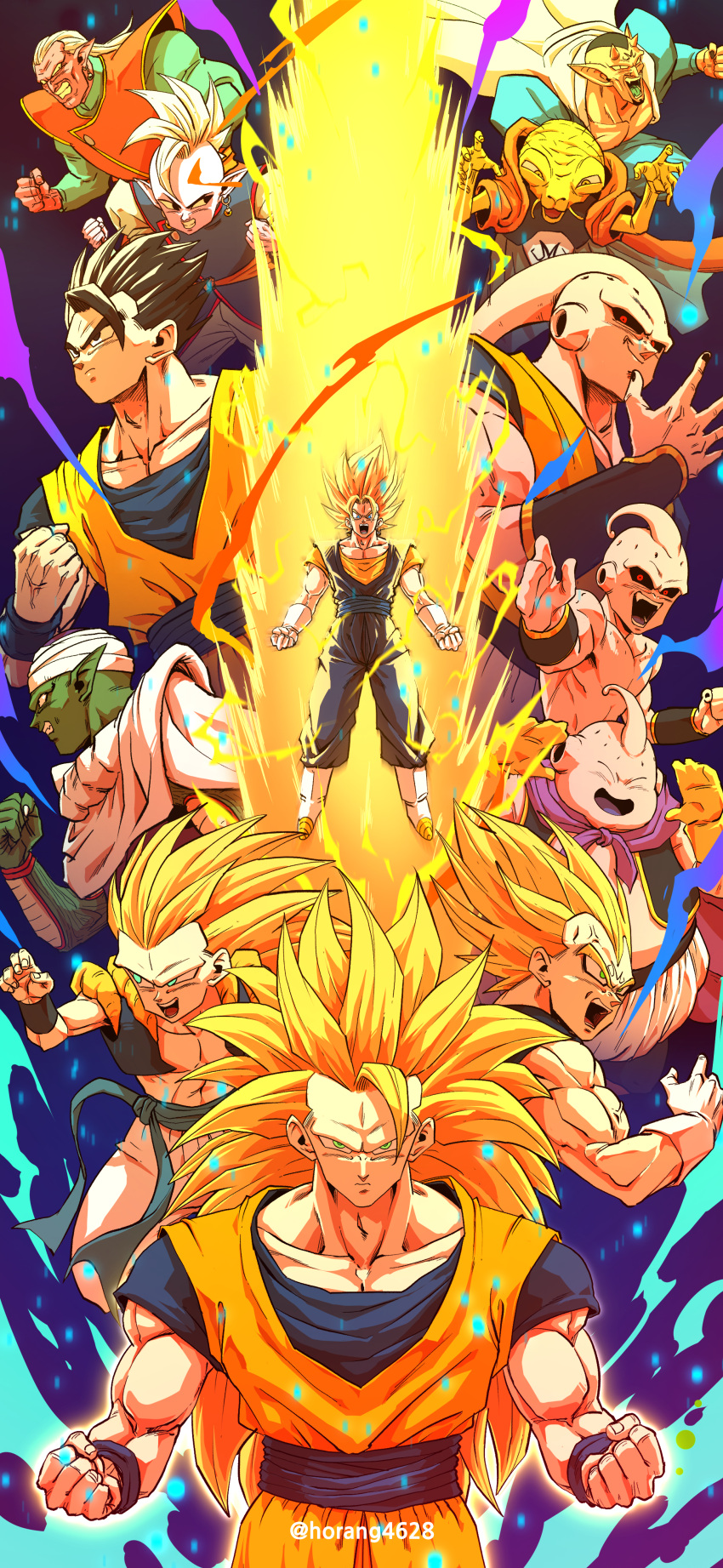 6+boys absurdres aura babidi black_hair black_sclera blonde_hair blue_pants blue_shirt blue_wristband boots cape capelet closed_eyes colored_sclera colored_skin commentary_request dabura demon dougi dragon_ball dragon_ball_z electricity everyone facial_mark fangs fat fat_buu fewer_digits forehead_mark gloves gotenks green_eyes green_skin highres horang4628 horns kibito kid_buu korean_commentary long_hair majin_buu majin_vegeta male_focus medium_hair mohawk multiple_boys muscular muscular_male namekian orange_shirt pants piccolo pink_skin pointy_ears potential_unleashed powering_up purple_capelet purple_skin red_eyes red_skin saiyan shin_(dragon_ball) shirt short_hair son_gohan son_goku spiked_hair super_buu super_saiyan super_saiyan_2 super_saiyan_3 turban twitter_username vegeta vegetto veins white_cape white_footwear white_gloves white_hair