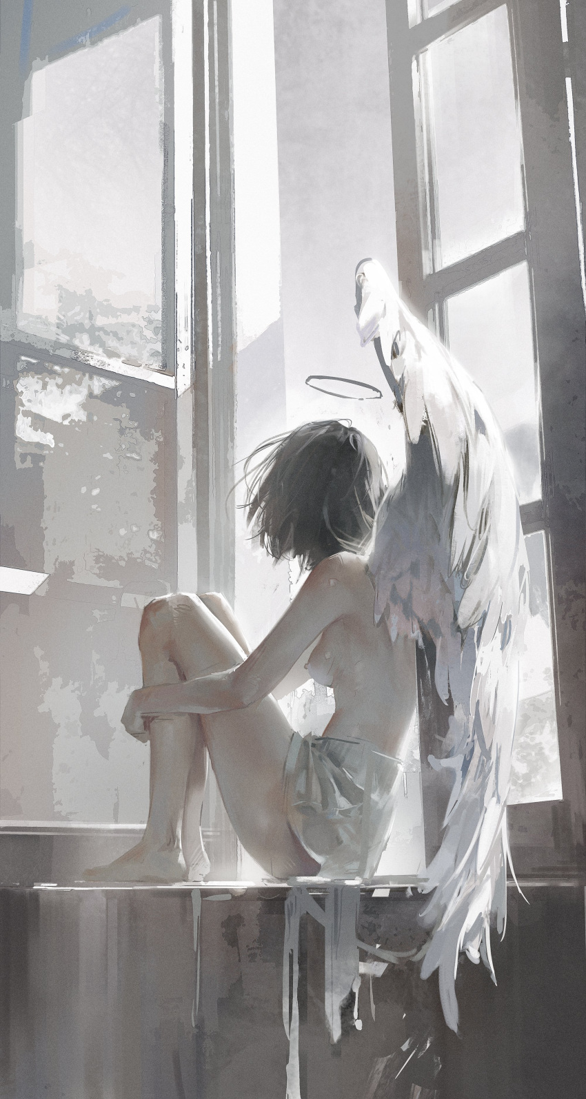 1girl absurdres angel angel_wings barefoot black_hair breasts dino_(dinoartforame) feathered_wings feathers from_side halo highres looking_outside medium_breasts medium_hair nipples open_window original sitting solo topless white_wings window wings