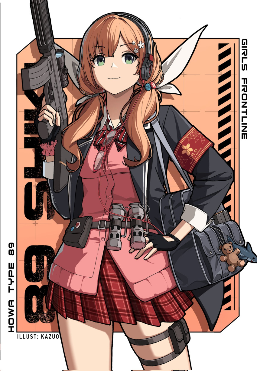 1girl :3 armband assault_rifle bag bag_charm black_gloves black_jacket bow bowtie brown_hair charm_(object) cherry_blossoms fingerless_gloves flashbang girls'_frontline glasses gloves green_eyes gun hair_ornament hand_on_own_hip highres howa_type_89 howa_type_89_(girls'_frontline) jacket kazuodum looking_at_viewer open_clothes open_jacket pink_shirt red-framed_eyewear red_armband red_bow red_bowtie red_skirt rifle school_uniform shark shirt shoulder_bag skirt smile solo stuffed_animal stuffed_toy teddy_bear thighs twintails unworn_eyewear weapon