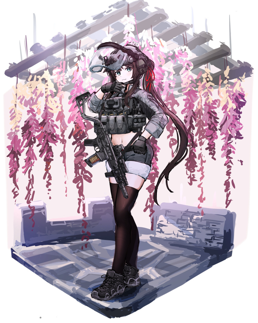 1girl :3 absurdres black_footwear black_gloves black_shorts black_thighhighs blue_eyes brown_hair bulletproof_vest combat_helmet commission forest full_body gloves gun gun_sling hand_up helmet highres long_hair long_sleeves looking_at_viewer megami_magazine midriff nature navel optical_sight ponytail red_ribbon rennn_(ilobeste) ribbon rifle shirt shoes short_shorts shorts sidelocks sig_mcx sleeves_rolled_up solo termichan_(not-a-bot) thighhighs very_long_hair visor_(armor) weapon