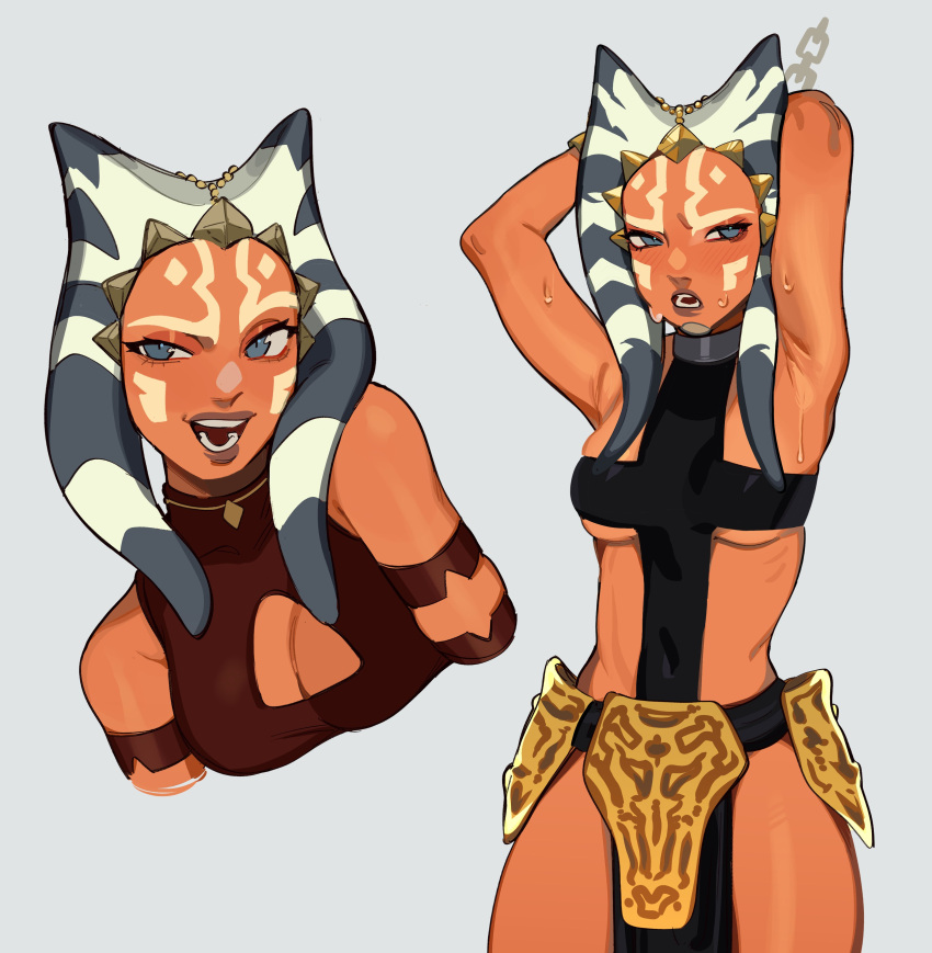 1girl absurdres ahsoka_tano alien armpit_crease armpits arms_up blue_eyes blush breasts brown_lips cleavage_cutout clothing_cutout colored_skin cowboy_shot facial_mark highres loincloth medium_breasts multiple_views open_mouth orange_skin pelvic_curtain porqueloin restrained sideways_glance simple_background skindentation star_wars star_wars:_the_clone_wars sweat thighs underboob upper_body white_background