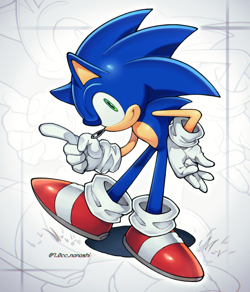 1boy blue_fur full_body furry gloves grass green_eyes hand_on_own_hip highres looking_at_viewer male_focus red_footwear shoes show_chiku-by smirk solo sonic_(series) sonic_the_hedgehog twitter_username white_background white_gloves zoom_layer