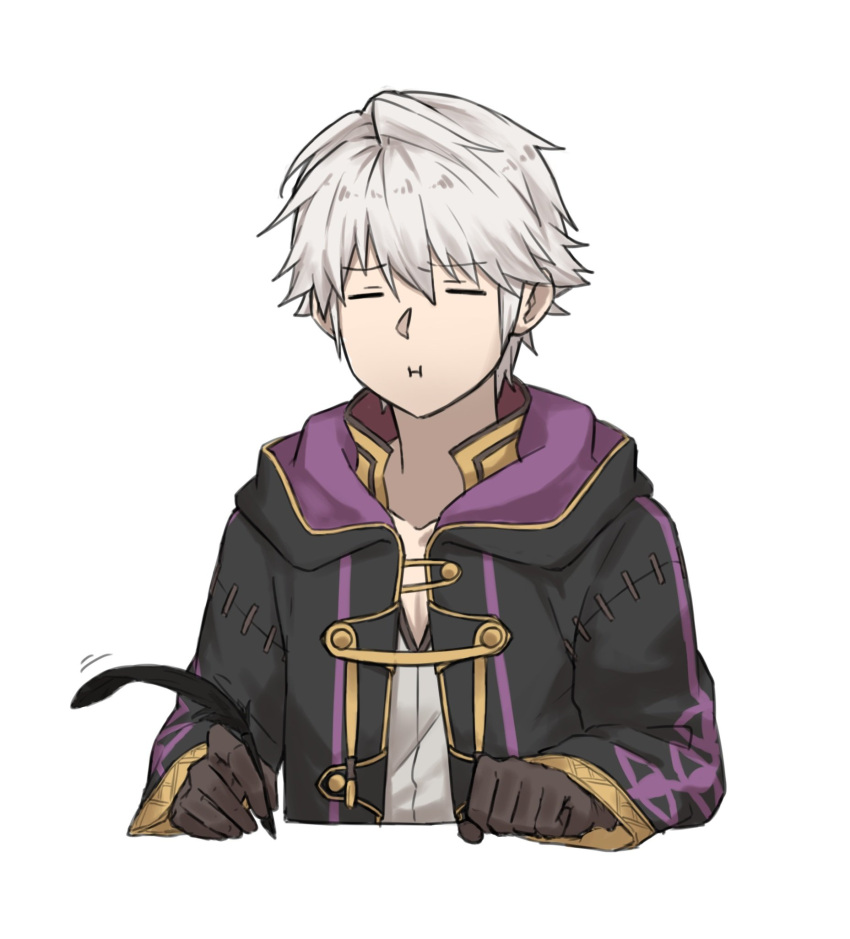 1boy black_robe brown_gloves closed_eyes commentary cropped_torso fire_emblem fire_emblem_awakening gloves gold_trim highres holding holding_quill hooded_robe male_focus pout quill robe robin_(fire_emblem) robin_(male)_(fire_emblem) short_hair simple_background solo symbol-only_commentary upper_body white_background white_hair writing zuzu_(ywpd8853)