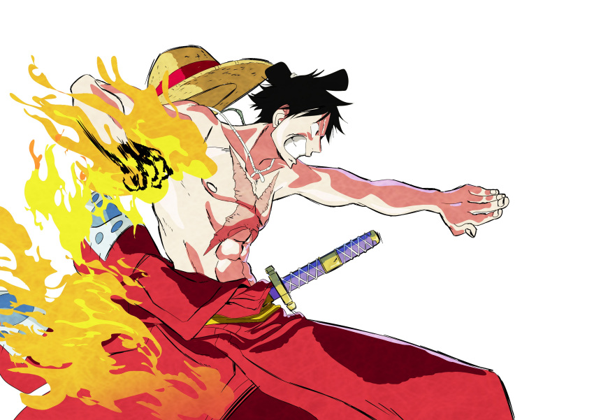 1boy absurdres black_hair chonmage clenched_teeth commentary_request cowboy_shot fire hat highres japanese_clothes kimono kojima_takashi looking_ahead male_focus monkey_d._luffy one_piece profile red_kimono scar scar_on_chest simple_background solo straw_hat sword teeth topknot topless_male weapon white_background