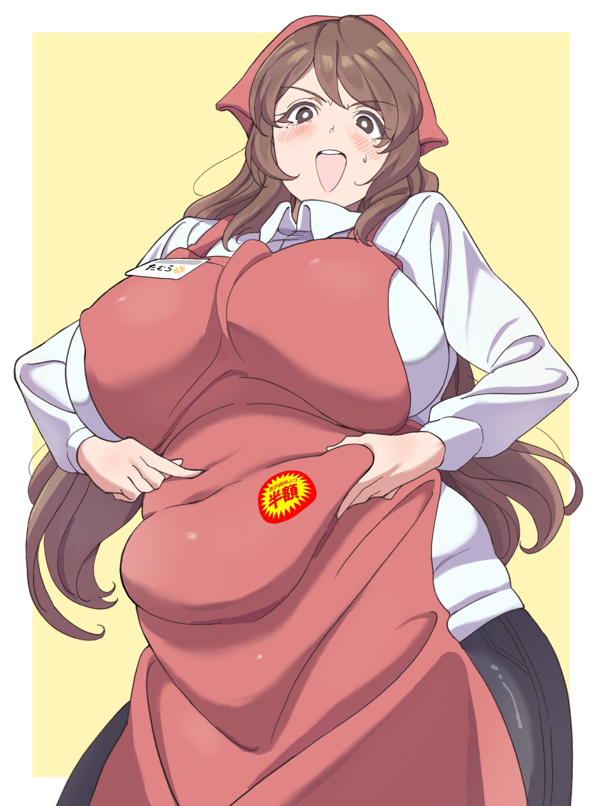 1girl absurdres apron belly_grab blush border breasts brown_eyes brown_hair commentary_request covered_navel covered_nipples cowboy_shot hair_between_eyes highres huge_breasts id_card karaage53ko long_hair long_sleeves looking_at_viewer open_mouth original outside_border plump pointing pointing_at_self red_apron shirt simple_background solo sticker sweatdrop tareme teeth translation_request upper_teeth_only white_border white_shirt wing_collar yellow_background