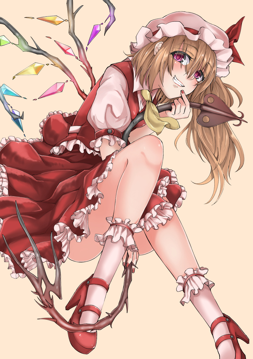 1girl absurdres ascot bare_legs blonde_hair brown_background collared_shirt flandre_scarlet frilled_skirt frilled_sleeves frilled_socks frilled_vest frills full_body hair_between_eyes hat hat_ribbon highres holding holding_polearm holding_weapon laevatein_(touhou) long_hair looking_at_viewer mary_janes mob_cap multicolored_wings nail_polish omigawa_namari one_side_up open_mouth polearm puffy_short_sleeves puffy_sleeves purple_eyes red_footwear red_nails red_ribbon red_skirt red_vest ribbon ribbon-trimmed_headwear ribbon_trim shirt shoes short_sleeves simple_background skirt skirt_set smile socks solo teeth thighs touhou vest weapon white_hat white_shirt white_socks wings yellow_ascot