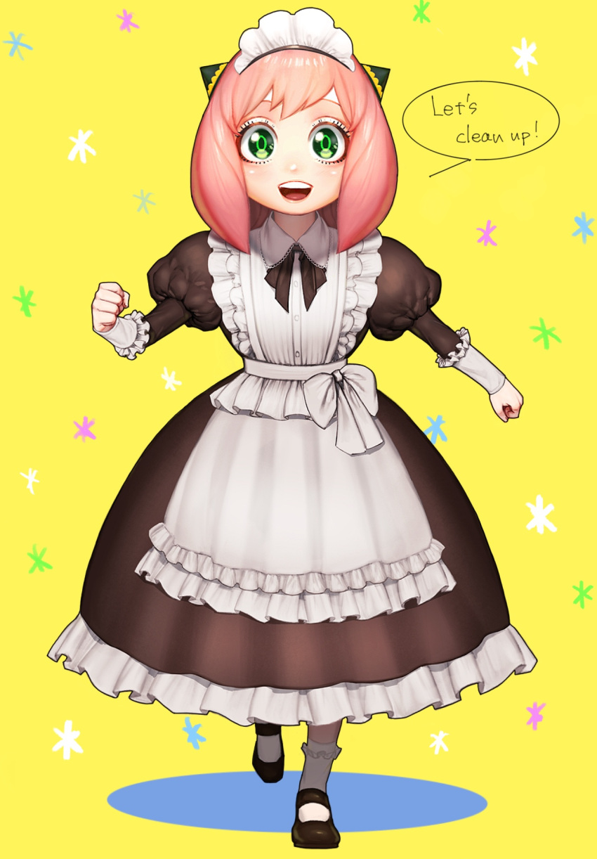 1girl alternate_costume anya_(spy_x_family) apron black_dress blush dress emo37337640 english_text frilled_apron frills green_eyes hairpods highres looking_at_viewer maid maid_apron maid_headdress open_mouth pink_hair puffy_sleeves ribbon short_hair smile solo speech_bubble spy_x_family teeth upper_teeth_only white_apron wrist_cuffs yellow_background