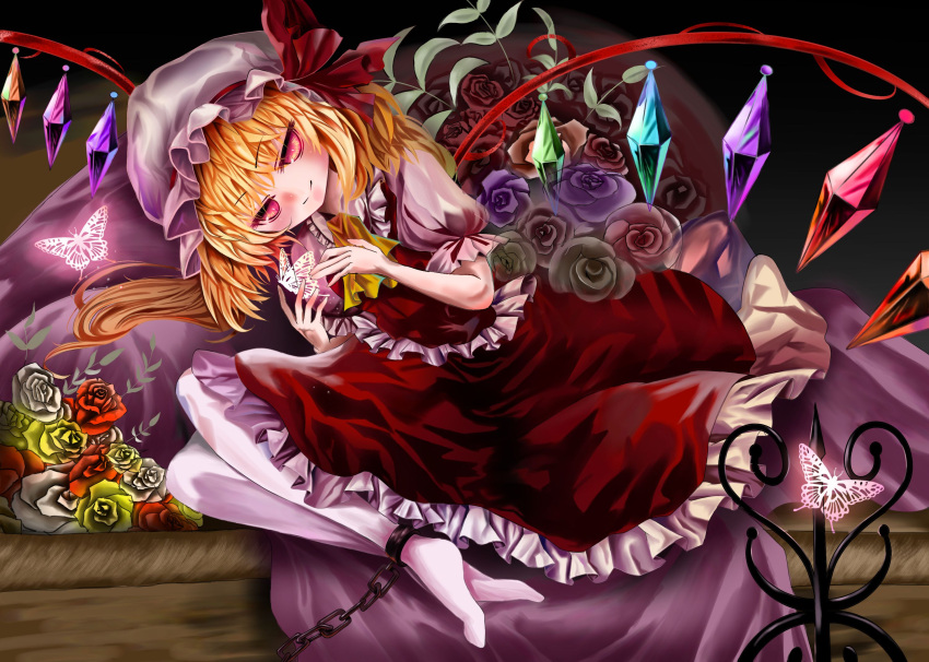 1girl ascot blonde_hair blush bug butterfly chain chained chained_legs closed_mouth crystal dark_background flandre_scarlet flower frilled_shirt_collar frilled_skirt frilled_sleeves frilled_vest frills full_body glowing glowing_butterfly glowing_eyes hat hat_ribbon highres light_smile looking_at_viewer lying medium_hair mob_cap multicolored_wings on_side pantyhose pink_flower pink_rose puffy_short_sleeves puffy_sleeves purple_flower purple_rose red_eyes red_flower red_ribbon red_rose red_skirt red_vest ribbon ribbon-trimmed_headwear ribbon_trim rose shirt short_sleeves skirt skirt_set solo touhou ukua_(otokonoko) vest white_flower white_hat white_pantyhose white_rose white_shirt wings yellow_ascot yellow_flower yellow_rose