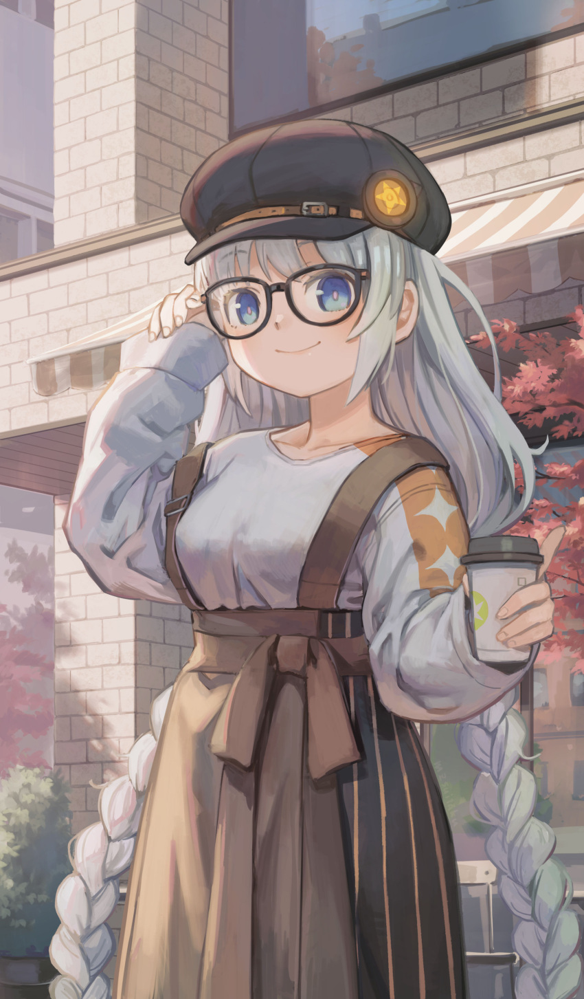 1girl a.i._voice absurdres adjusting_eyewear awning blue_eyes blush braid breasts brown_skirt building cabbie_hat closed_mouth coffee_cup cowboy_shot cup day disposable_cup glasses hand_on_eyewear hand_up hat high-waist_skirt highres holding holding_cup kizuna_akari kizuna_akari_(a.i._voice) kyo_mizusawa large_breasts long_hair long_sleeves looking_at_viewer low_twin_braids outdoors skirt smile solo storefront suspender_skirt suspenders sweater twin_braids underbust very_long_hair voiceroid white_sweater