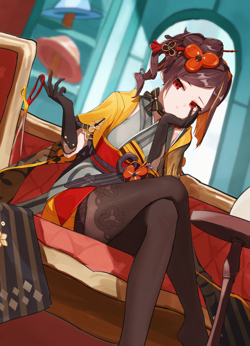 1girl absurdres arm_support black_gloves black_pantyhose blurry brown_hair chiori_(genshin_impact) commentary couch crossed_legs depth_of_field drill_hair elbow_gloves forehead genshin_impact gloves hair_bun hair_ornament hairpin hat head_rest highres holding holding_scissors iinagi_(kashiwa_keira) indoors japanese_clothes long_hair looking_at_viewer multicolored_hair obi on_couch pantyhose parted_bangs red_eyes sash scissors short_sleeves side_ponytail sidelocks single_hair_bun sitting solo streaked_hair two-tone_hair wide_sleeves window
