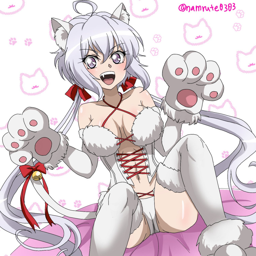 1girl ahoge animal_ear_fluff animal_ears animal_hands bare_shoulders bell bra breasts cat_paws commentary corset fake_animal_ears fake_tail fang fur-trimmed_legwear fur_bra fur_trim gao gloves hair_between_eyes hair_ribbon highres jingle_bell knees_up light_blush long_hair looking_at_viewer medium_breasts namrute0303 on_bed panties paw_gloves purple_eyes ribbon senki_zesshou_symphogear shiny_skin simple_background solo tail tail_bell tail_ornament teeth thighhighs twintails underwear upper_teeth_only very_long_hair white_bra white_corset white_hair white_panties white_thighhighs yukine_chris