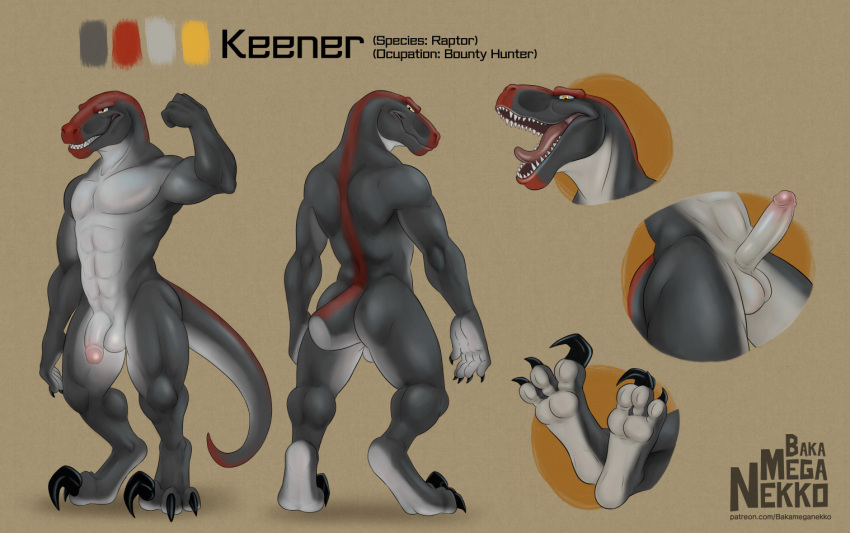 3_toes 5_fingers anthro bakameganekko balls claws dinosaur dromaeosaurid feet fingers genitals humanoid_genitalia humanoid_penis male model_sheet muscular open_mouth pawpads penis reptile scalie sharp_teeth smile solo tapering_tail teeth theropod toe_claws toes tongue toothy_grin
