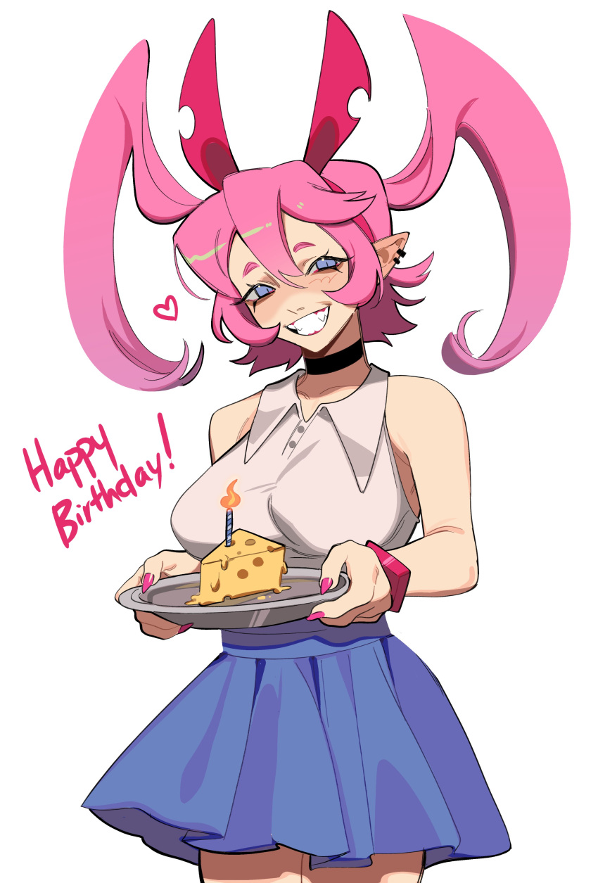 1girl :d absurdres bare_arms birthday_cake black_choker blue_eyes blue_skirt blush borrowed_character cake candle cheese choker clenched_teeth collared_shirt cowboy_shot ear_piercing fire food grin hairband happy_birthday highres holding holding_plate impossible_hair original piercing pink_hair pink_hairband plate pleated_skirt pointy_ears porqueloin shirt skirt sleeveless sleeveless_shirt smile solo standing teeth twintails vinx_(kurdlez) white_shirt