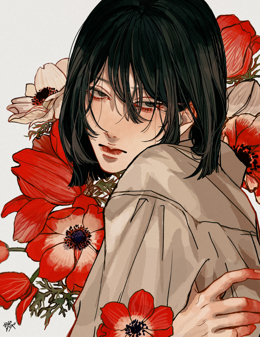 1boy absurdres anemone_(flower) black_hair brown_eyes closed_mouth flower from_side hair_between_eyes highres kagoya1219 looking_at_viewer looking_to_the_side male_focus medium_hair original red_flower red_footwear signature solo upper_body