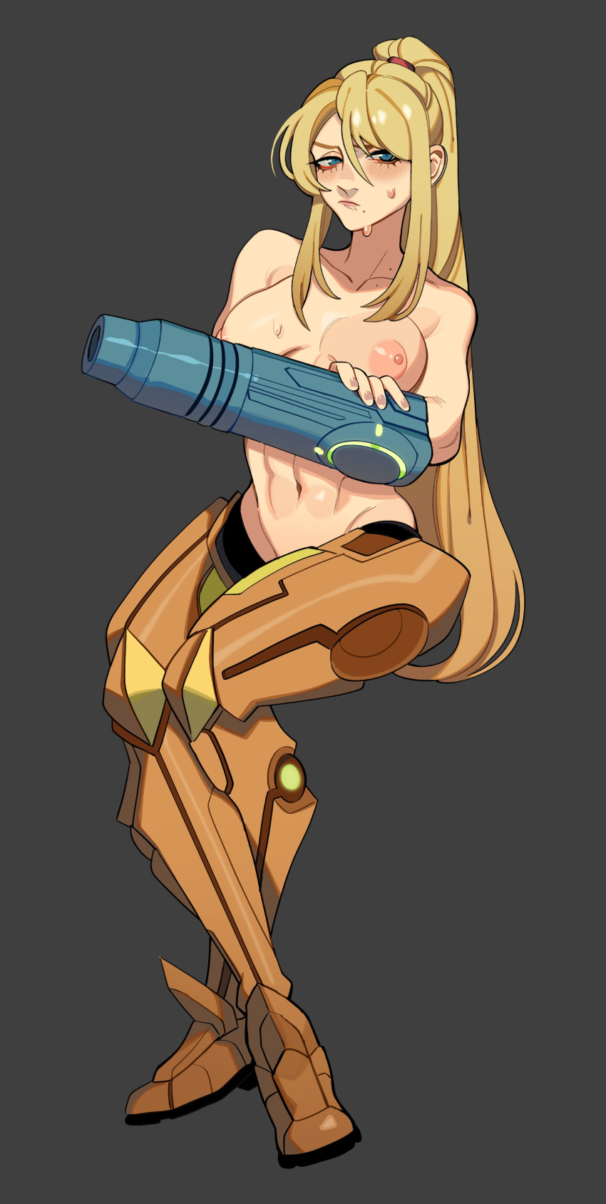 1girl abs absurdres armor blonde_hair blue_eyes breasts closed_mouth greaves grey_background high_ponytail highres invisible_chair large_breasts long_hair metroid muscular muscular_female navel nipples porqueloin power_armor samus_aran simple_background sitting solo sweat