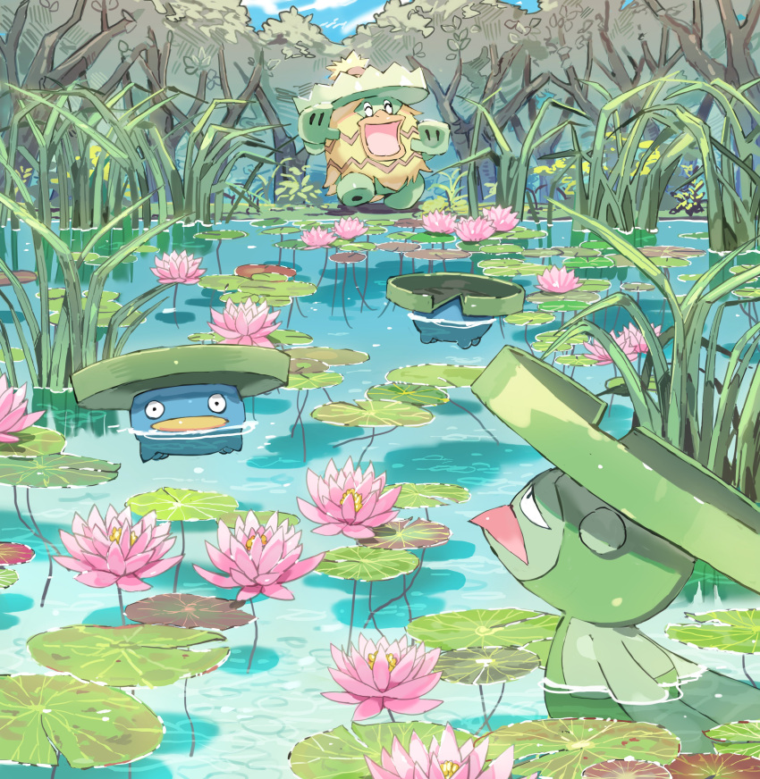 ^_^ absurdres afloat aisutabetao blue_skin closed_eyes colored_skin commentary_request dancing evolutionary_line flower grass green_skin highres lily_pad lombre lotad lotus ludicolo no_humans open_mouth outdoors pokemon pokemon_(creature) smile water