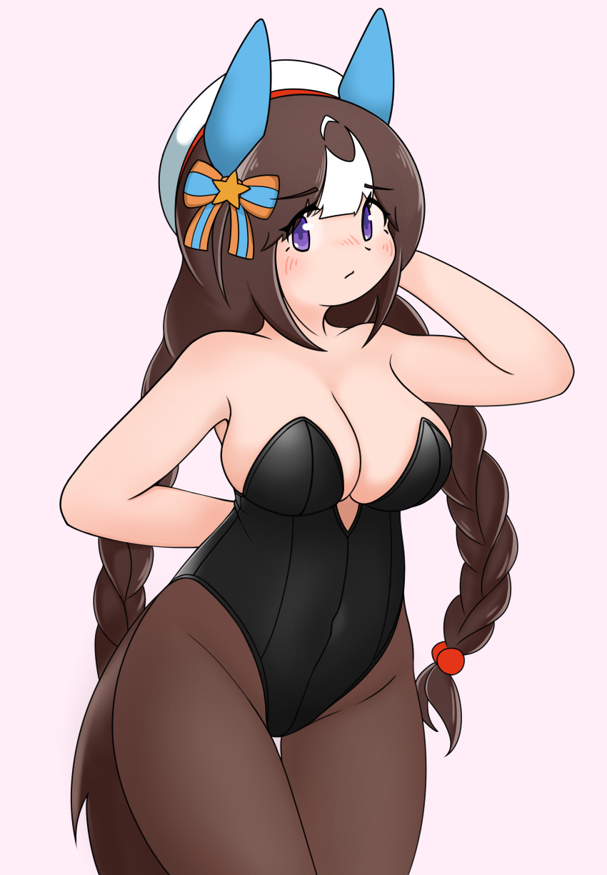 1girl absurdres alternate_costume animal_ears arm_up bare_shoulders black_leotard black_pantyhose blush braid breasts brown_hair cleavage commentary_request cowboy_shot ear_covers ear_ornament gradient_background highleg highleg_leotard highres hokko_tarumae_(umamusume) horse_ears horse_girl horse_tail large_breasts leotard long_hair low_twin_braids mintia1911 multicolored_hair nontraditional_playboy_bunny pantyhose solo strapless strapless_leotard streaked_hair tail twin_braids umamusume very_long_hair white_hair