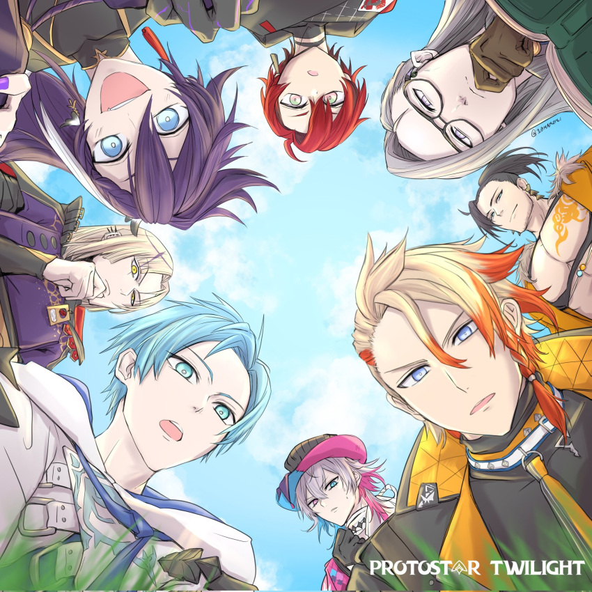 10mamomi 6+boys ahoge axel_syrios banzoin_hakka black-framed_eyewear black_gloves black_hair blonde_hair blue_eyes blue_hair blue_sky brown_gloves chest_tattoo closed_mouth cloud curtained_hair english_commentary gavis_bettel glasses gloves grass green_eyes grey_hair hair_between_eyes hat heterochromia highres holostars holostars_english holotempus hood hoodie jacket josuiji_shinri long_hair looking_at_viewer machina_x_flayon magni_dezmond male_focus multicolored_hair multiple_boys muscular muscular_male noir_vesper open_mouth pink_eyes pink_hair ponytail pov protostar_twilight purple_eyes purple_hair red_hair regis_altare scarf second-party_source short_hair sky smile tattoo title top_hat twitter_username two-tone_hair upper_body virtual_youtuber white_hoodie white_scarf worried yellow_eyes