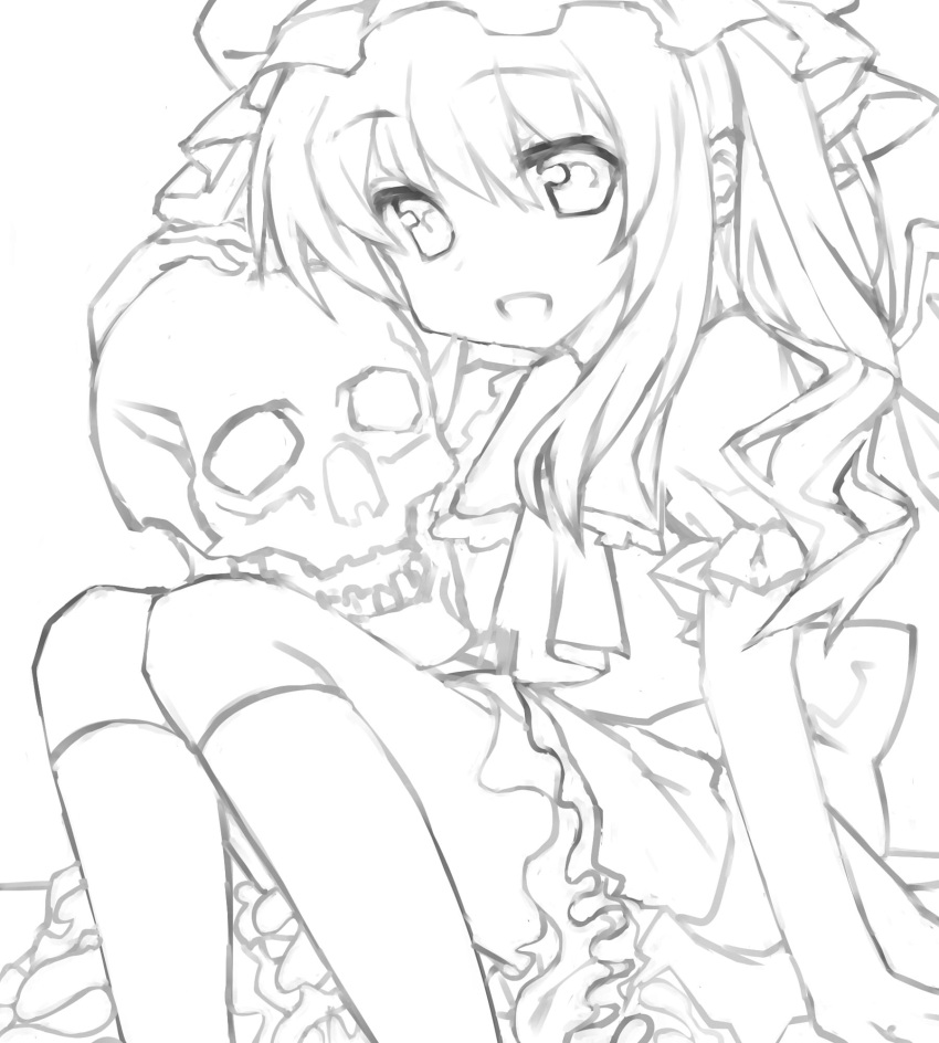 1girl ascot back_bow bow collared_shirt denchu_(kazudentyu) feet_out_of_frame flandre_scarlet frilled_shirt_collar frilled_skirt frilled_sleeves frills greyscale hair_between_eyes hat highres holding holding_skull kneehighs lineart long_hair looking_at_viewer making-of mob_cap monochrome open_mouth puffy_short_sleeves puffy_sleeves shirt short_sleeves sketch skirt skull socks solo touhou vest