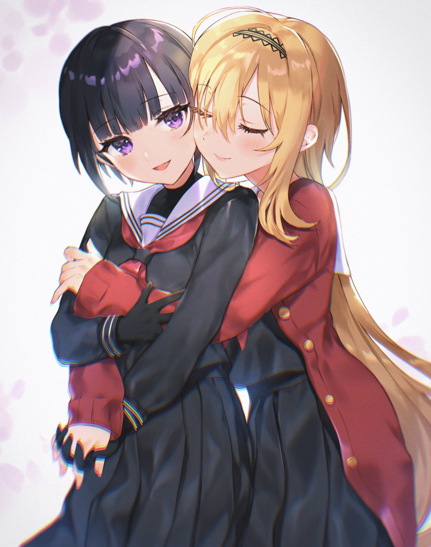 2girls black_gloves black_hair black_serafuku black_shirt black_skirt blonde_hair blunt_bangs blurry blush bob_cut closed_eyes closed_mouth depth_of_field dress falling_petals flat_chest gloves hair_between_eyes hairband hand_on_another's_arm highres holding_hands hug idolmaster idolmaster_cinderella_girls idolmaster_cinderella_girls_starlight_stage interlocked_fingers kurosaki_chitose long_hair long_sleeves looking_at_another multiple_girls neckerchief nekoyashiki_pushio open_mouth petals pleated_skirt purple_eyes red_dress red_neckerchief sailor_collar school_uniform serafuku shirayuki_chiyo shirt short_hair skirt smile velvet_rose_(idolmaster) very_long_hair white_background white_sailor_collar yellow_hairband yuri