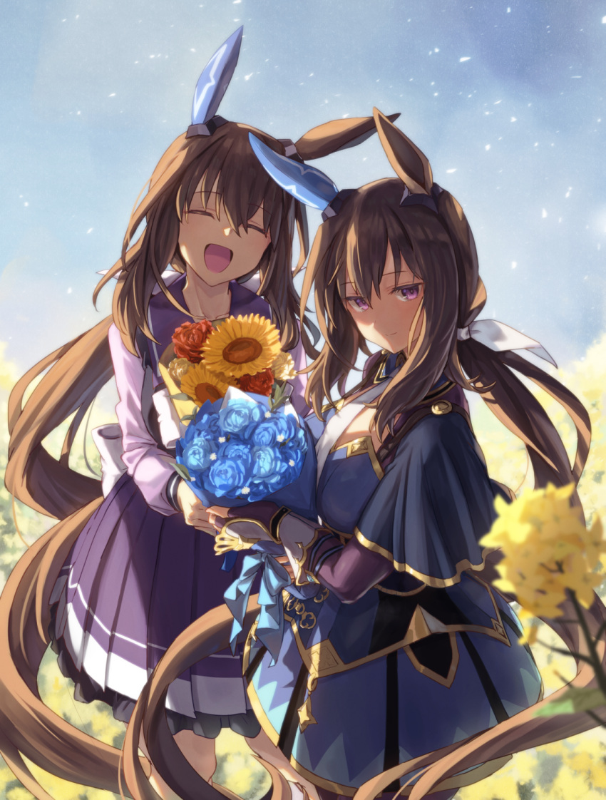 2girls admire_vega's_twin_sister_(umamusume) admire_vega_(umamusume) animal_ears blue_flower blue_skirt blue_sky blush bouquet bow breasts brown_hair closed_eyes ear_covers flower hair_between_eyes highres horse_ears horse_girl horse_tail long_hair long_sleeves looking_at_viewer low_ponytail multiple_girls open_mouth ponytail purple_eyes purple_shirt red_flower rose sailor_collar school_uniform shirt siblings single_ear_cover skirt sky smile starheart sunflower tail tracen_school_uniform umamusume yellow_flower