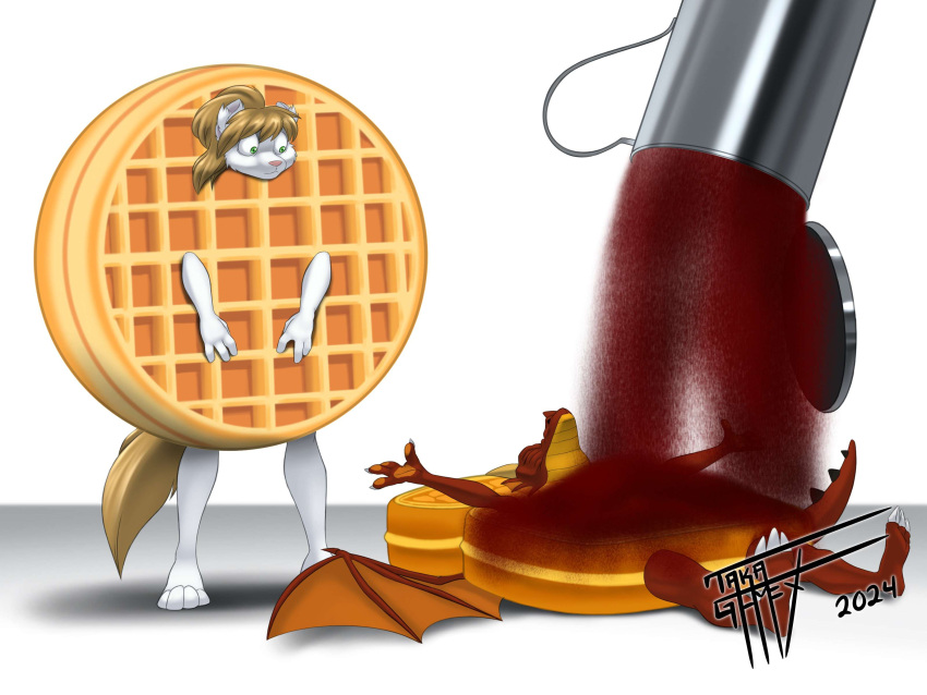 absurd_res anthro cinnamon_(spice) clothing costume crimson_dragonheart dragon duo eggo female food food_costume french_toast french_toast_costume hi_res male mammal martha_minkowitz mink mustelid musteline mythological_creature mythological_scalie mythology scalie taka_studio true_musteline waffle waffle_costume