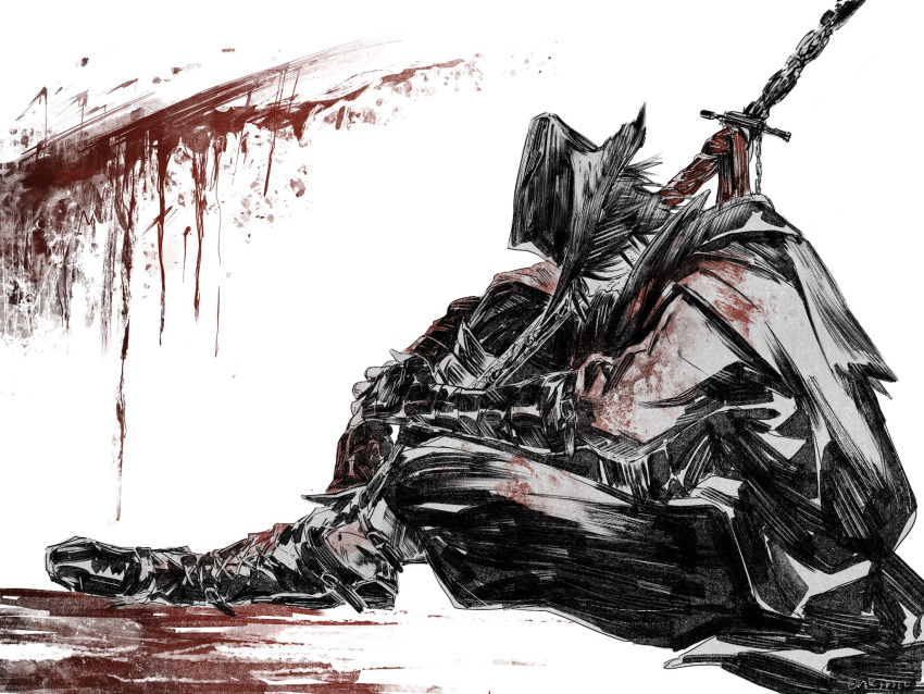 1boy alternate_costume arm_belt arm_wrap artist_name beard_stubble black_hair blood blood_on_clothes blood_on_ground blood_splatter bloodborne boots capelet closed_mouth company_connection crossover facial_hair fune_(nkjrs12) hair_over_eyes hat highres leg_belt limited_palette male_focus over_shoulder sekiro sekiro:_shadows_die_twice sheath sheathed sitting solo stubble sword tricorne weapon weapon_over_shoulder