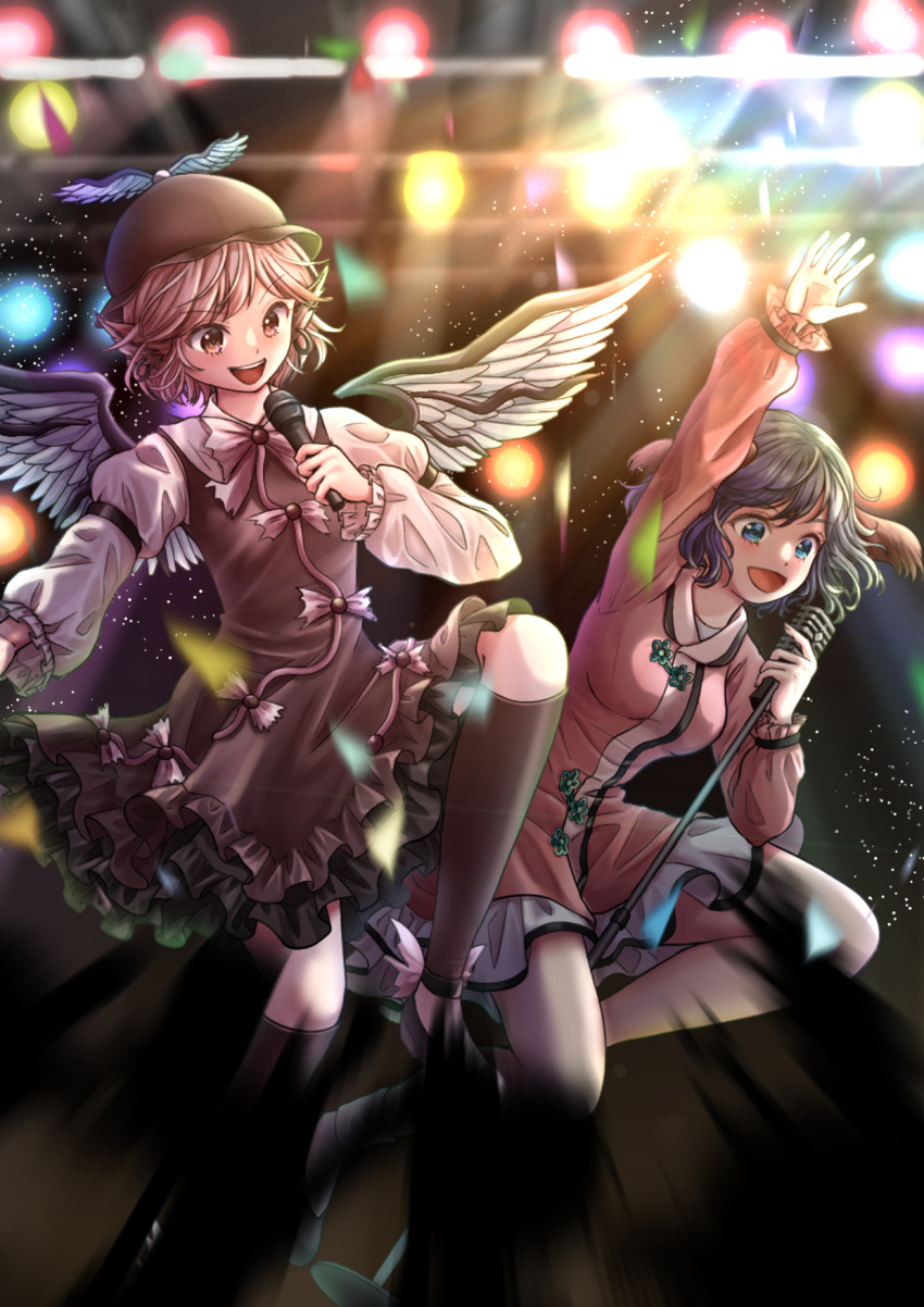 2girls :d animal_ears audience bird_ears bird_wings black_footwear blurry blurry_background bow brown_dress brown_socks buttons choujuu_gigaku concert dog_ears dress earrings frilled_dress frills green_eyes green_hair hand_up hat highres holding holding_microphone jewelry jumping kasodani_kyouko kneehighs kyabekko leg_up long_sleeves microphone microphone_stand multiple_girls mystia_lorelei open_mouth pink_dress pink_eyes pink_hair smile socks stage stage_lights teeth touhou truss upper_teeth_only vintage_microphone white_socks white_wings winged_footwear winged_hat wings