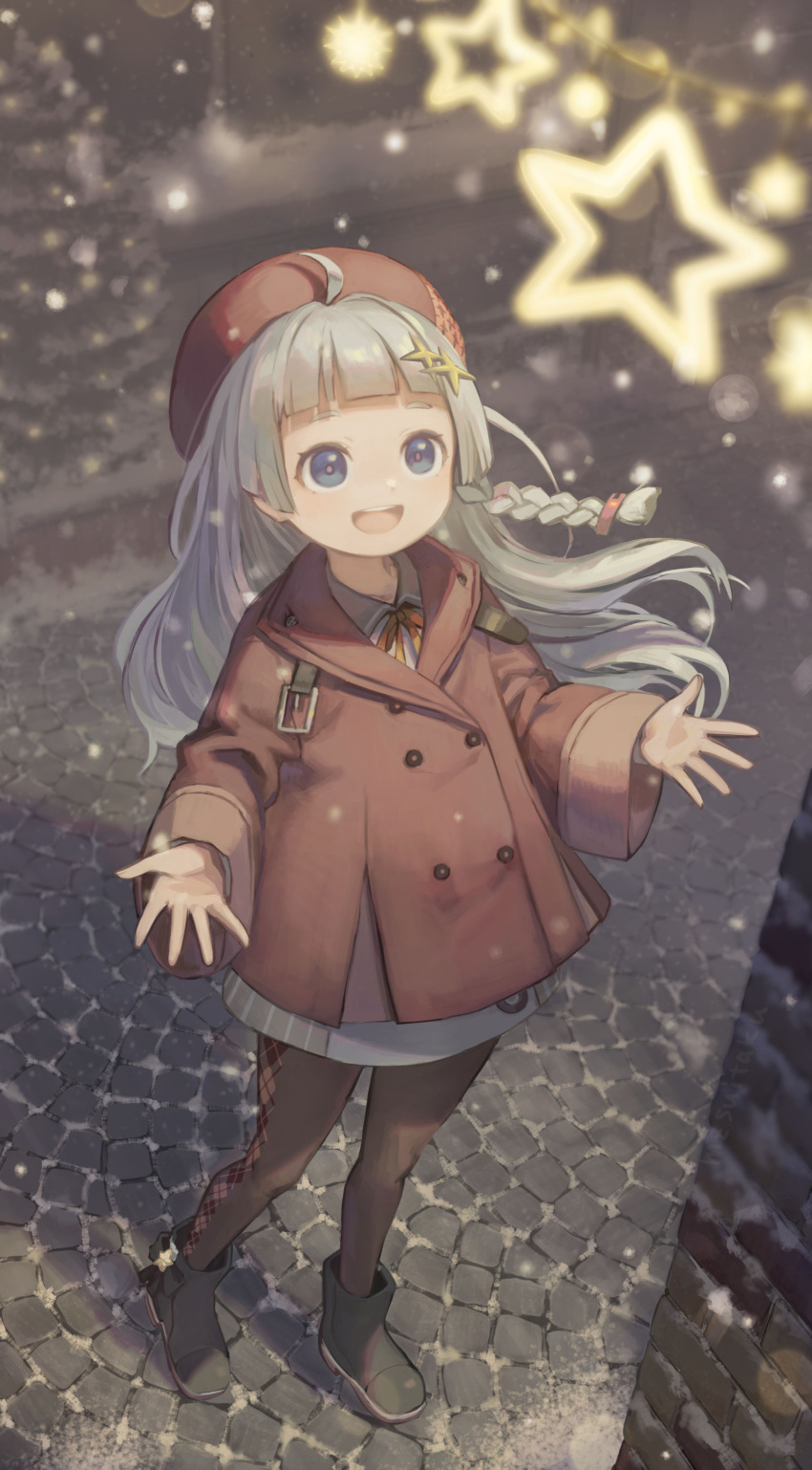 1girl a.i._voice absurdres ahoge argyle_clothes argyle_pantyhose beret black_footwear black_pantyhose blue_eyes blunt_bangs boots braid buttons christmas_lights christmas_tree coat double-breasted floating_hair full_body grey_hair grey_skirt hands_up hat highres kizuna_akari kizuna_akari_(tsubomi) kyo_mizusawa long_hair long_sleeves looking_up night open_mouth outdoors pantyhose red_coat red_hat sett side_braid skirt smile snow snowing solo sparkle_hair_ornament urban voiceroid