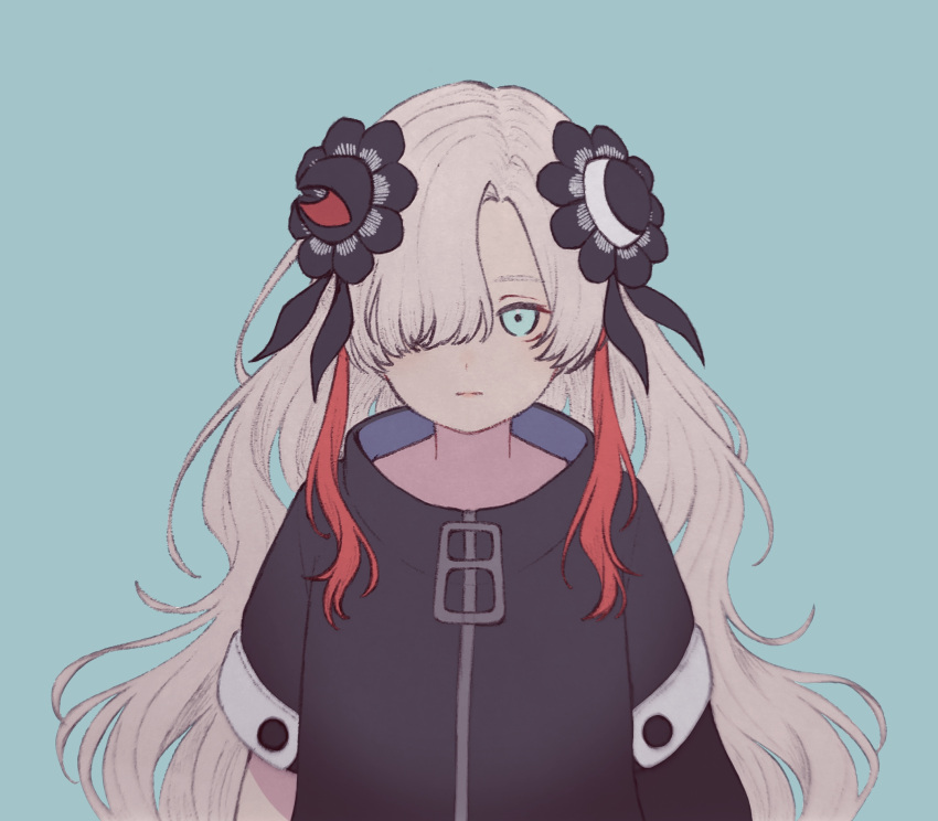 1girl arms_at_sides asymmetrical_sleeves black_flower blue_background blue_eyes closed_mouth coat commentary_request expressionless flower grey_hair hair_flower hair_ornament hair_over_one_eye high_collar highres isekai_joucho kamitsubaki_studio karakai_13 long_hair looking_at_viewer multicolored_hair one_eye_covered red_hair simple_background solo straight-on streaked_hair uneven_sleeves upper_body virtual_youtuber wavy_hair white_coat zipper_pull_tab