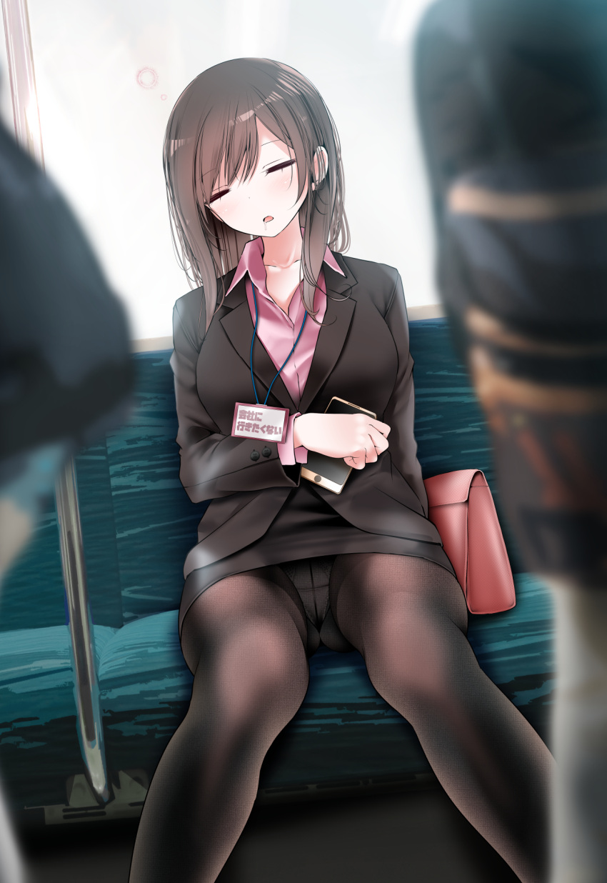 1girl 2others bag black_jacket black_skirt blurry blurry_foreground blush breasts brown_hair cellphone collarbone collared_shirt drooling dutch_angle facing_viewer fine_fabric_emphasis formal handbag head_tilt highres holding holding_phone jacket large_breasts long_hair long_sleeves multiple_others office_lady ol-chan_(oouso) oouso open_mouth original panties panties_under_pantyhose pantyhose pencil_skirt phone pink_shirt revision shirt sidelocks sitting skirt skirt_suit sleeping smartphone solo_focus suit swept_bangs train_interior underwear