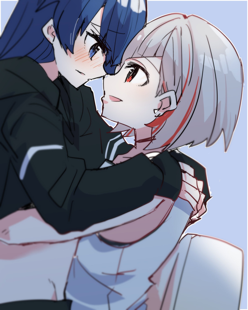 2girls black_choker black_jacket blue_eyes blue_hair blurry blush choker clothes_lift depth_of_field eye_contact face-to-face from_side girl_on_top grey_hair hair_down hand_under_clothes hands_on_another's_back highres jacket kanduki_kamibukuro light_blue_background link!_like!_love_live! long_hair long_sleeves looking_at_another love_live! multicolored_hair multiple_girls murano_sayaka nose_blush noses_touching open_mouth parted_lips raised_eyebrows red_eyes red_hair short_hair straddling streaked_hair tank_top upright_straddle white_tank_top yugiri_tsuzuri yuri