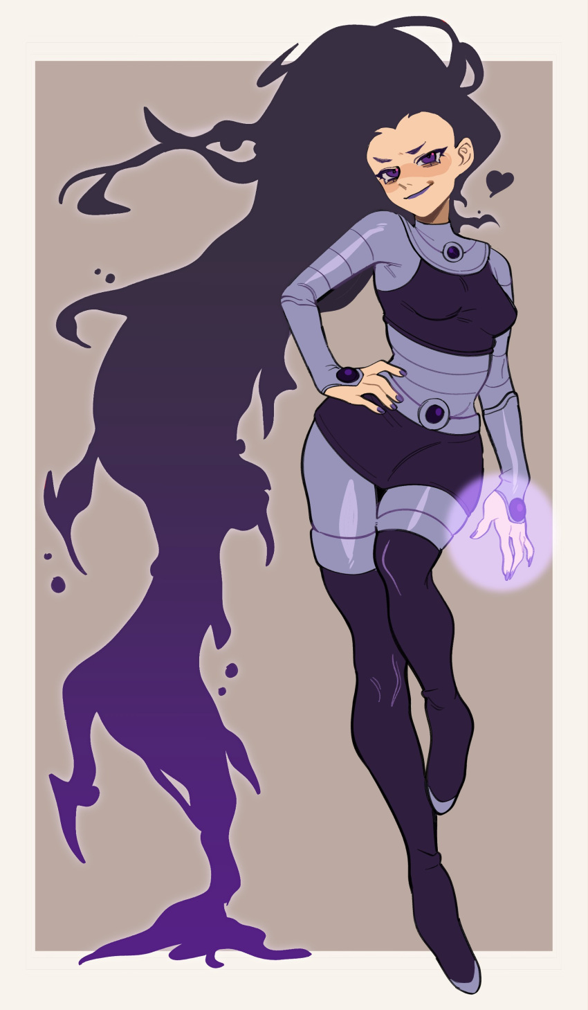 1girl absurdres blackfire dc_comics floating full_body glowing glowing_hand gradient_hair heart highres long_hair magic miniskirt multicolored_hair porqueloin power_suit purple_eyes purple_hair purple_nails simple_background skirt solo starfire teen_titans very_long_hair youiki