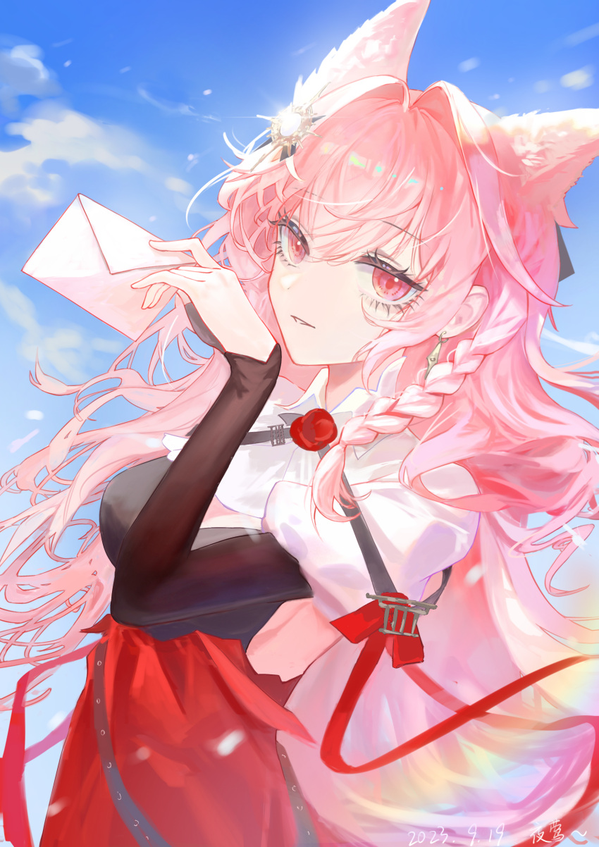 1girl absurdres animal_ears arknights black_dress bloom braid chinese_commentary clothing_cutout commentary_request dated day dress earrings envelope glint hair_intakes hand_up high-waist_skirt highres holding holding_envelope jewelry layered_sleeves light_smile long_hair long_sleeves looking_at_viewer parted_lips pink_eyes pink_hair pozyomka_(arknights) procreate_(medium) red_skirt short_over_long_sleeves short_sleeves shrug_(clothing) skirt solo split_mouth sunlight upper_body white_shrug wolf_ears wolf_girl yeying238_(nightingale)