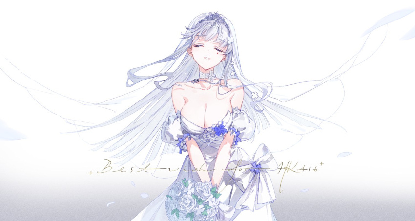 1girl bare_shoulders bouquet breasts choker cleavage closed_eyes collarbone dress facial_mark girls'_frontline hk416_(girls'_frontline) holding holding_bouquet imoko_(imonatsuki) large_breasts long_hair parted_lips solo wedding_dress white_hair