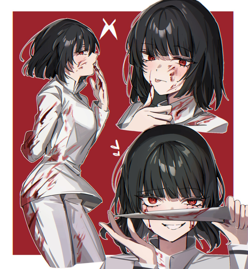 1girl :p arm_behind_back asymmetrical_eyes black_hair blood blood_on_clothes blood_on_face blood_on_hands blood_on_knife blood_on_weapon blunt_bangs blunt_ends border chef closed_mouth constricted_pupils cropped_legs evil_grin evil_smile grin half-closed_eye hand_up heart highres holding holding_knife knife limbus_company long_sleeves looking_at_viewer mu46016419 multiple_views outline outside_border pants project_moon red_background red_eyes ryoshu_(project_moon) short_hair simple_background smile standing tongue tongue_out weapon white_border white_outline white_pants