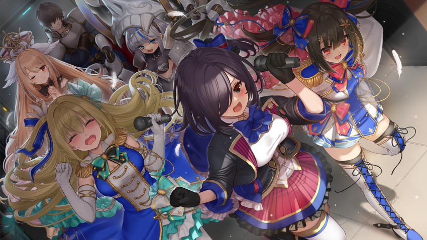 1boy 5girls :d ;) aigis_shrine_(sennen_sensou_aigis) armor black_gloves black_hair black_jacket blonde_hair blue_bow blue_dress blue_eyes blue_footwear blue_hair blue_ribbon blush boots bow bowtie breastplate breasts brown_hair cleavage cleavage_cutout clothing_cutout covered_eyes cross-laced_footwear crossed_arms dress dutch_angle elbow_gloves embarrassed epaulettes female_prince_(sennen_sensou_aigis) frilled_skirt frills furrowed_brow gloves gold_trim hair_bow hair_ornament hair_over_eyes hair_over_one_eye hair_ribbon hand_up hat highres holding holding_microphone indoors jacket lace-up_boots large_breasts leg_up long_hair microphone miniskirt monster_musume_td multicolored_bow multicolored_bowtie multicolored_footwear multicolored_hair multiple_girls official_art one_eye_closed one_eye_covered one_side_up open_mouth own_hands_clasped own_hands_together pauldrons pleated_skirt prince_(sennen_sensou_aigis) rakion_(monmusu_td) red_bow red_eyes ribbon second-party_source sennen_sensou_aigis shirt shoulder_armor skirt smile streaked_hair sweatdrop thigh_boots thighhighs tile_floor tiles tsukiko_(sennen_sensou_aigis) tuda_(sennen_sensou_aigis) very_long_hair wavy_mouth white_footwear white_gloves white_shirt winged_hat zettai_ryouiki