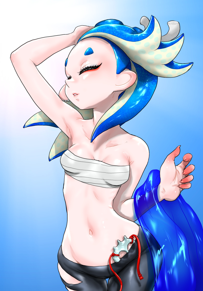 1girl black_pants blue_background blue_hair capelet_removed chest_sarashi closed_eyes collarbone gradient_background hand_on_own_head highres koharu2.5 navel octoling pants parted_lips pointy_ears sarashi shiver_(splatoon) solo splatoon_(series) splatoon_3 tentacle_hair thigh_gap torn_clothes torn_pants white_background