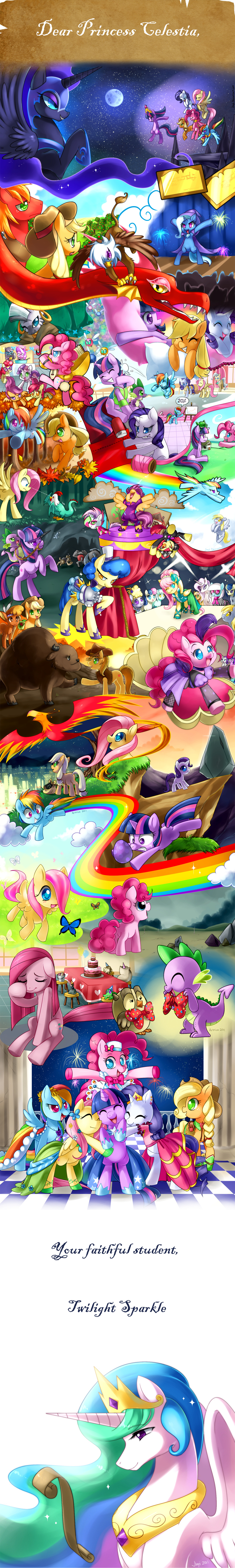 alligator angel_bunny apple_bloom applejack big_macintosh bonbon buffalo celestia_(my_little_pony) crocodilian derpy_hooves diamond_mint diamond_tiara dragon fluttershy gem griffin gummy hair_ribbon highres horn horse huge_filesize ladygt93 long_image luna_(my_little_pony) lyra_heartstrings my_little_pony my_little_pony_friendship_is_magic nightmare_moon no_humans pegasus photo_finish pinkie_pie rainbow_dash ribbon scootaloo silver_spoon sweetie_belle tall_image trixie_lulamoon twist younger zecora