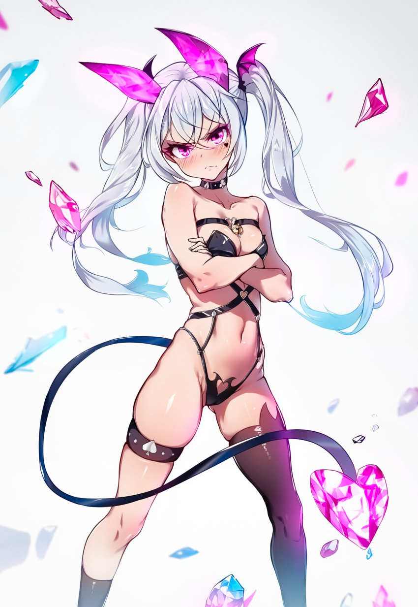 ai-assisted angry animal_ears cat_ears choker crystal demon_girl demon_tail highres kuromasa latex long_hair original pink_eyes self-upload simple_background skinny solo tail thighhighs tsundere twintails