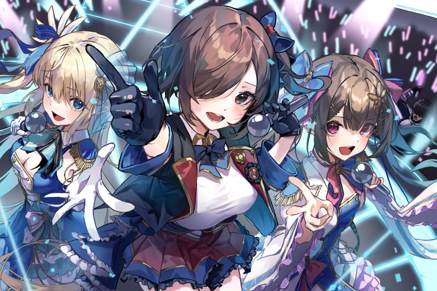 3girls :d black_gloves black_jacket blonde_hair blue_bow blue_dress blue_eyes blue_skirt blush bow bowtie breasts brown_eyes brown_hair cleavage concert dot_nose dress epaulettes female_prince_(sennen_sensou_aigis) frilled_skirt frills gloves glowstick gold_trim hair_between_eyes hair_bow hair_ornament hair_over_one_eye highres holding holding_microphone idol index_finger_raised jacket long_hair looking_at_viewer medium_breasts medium_hair microphone miniskirt multiple_girls music neck_ribbon official_art one_eye_covered one_side_up pink_bow purple_eyes reaching reaching_towards_viewer red_skirt ribbon second-party_source sennen_sensou_aigis shirt singing skirt smile stage_lights tsukiko_(sennen_sensou_aigis) tuda_(sennen_sensou_aigis) twintails v very_long_hair white_gloves white_shirt