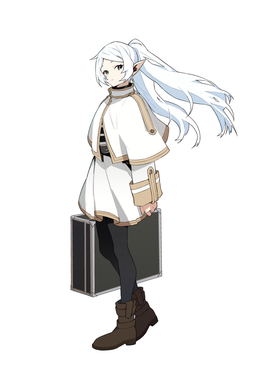 1girl absurdres boots briefcase capelet closed_mouth earrings elf frieren green_eyes highres holding holding_briefcase jewelry lekoifish long_hair long_sleeves pantyhose parted_bangs pointy_ears shirt skirt solo sousou_no_frieren staff striped_clothes striped_shirt twintails white_capelet white_hair
