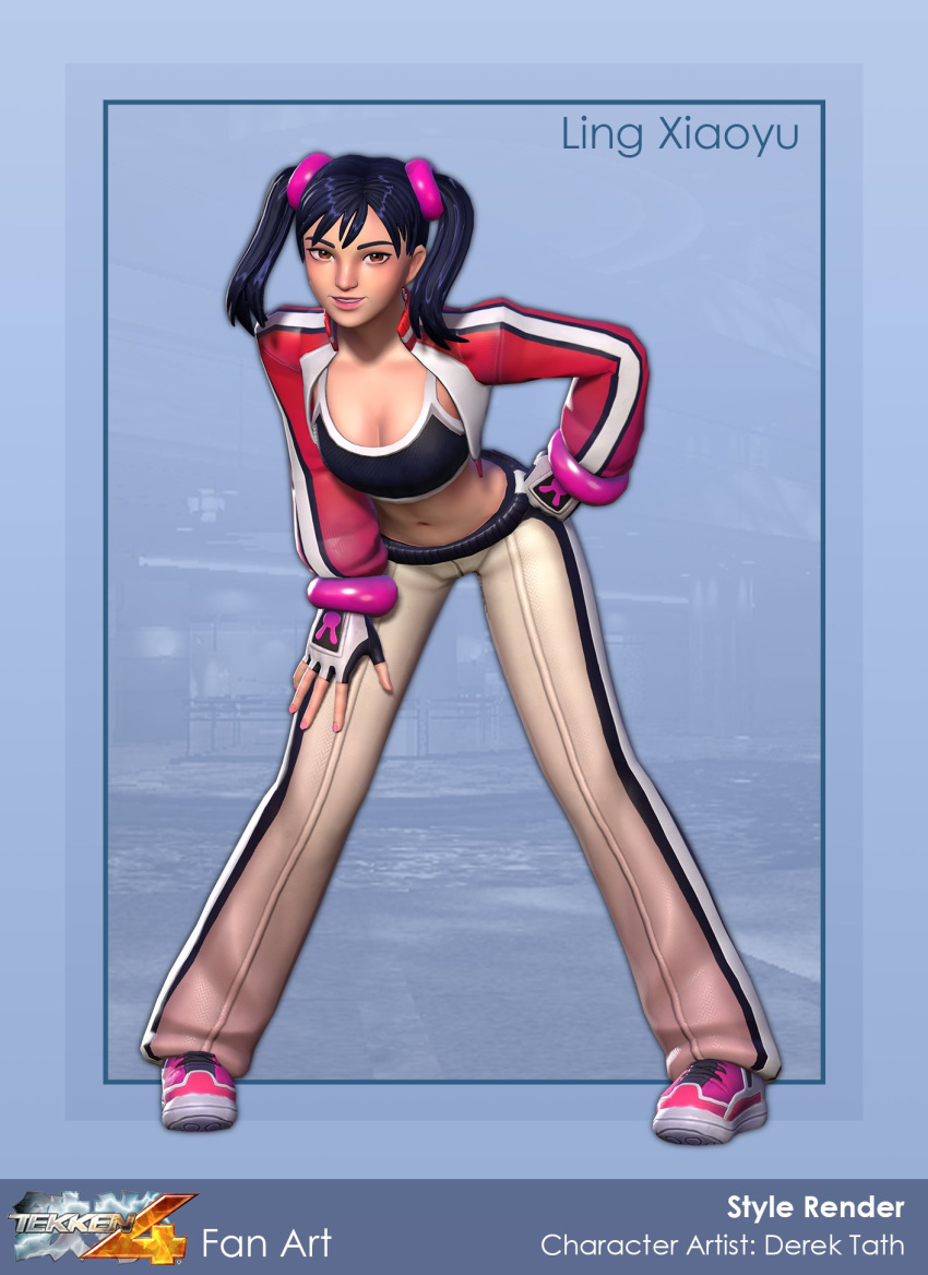 1girl 3d black_gloves black_hair breasts cleavage cropped_jacket dechta fingerless_gloves full_body gloves hand_on_own_hip highres jacket ling_xiaoyu long_sleeves open_clothes open_jacket pants pink_footwear red_jacket shoes sneakers solo stomach sweatpants tekken tekken_4