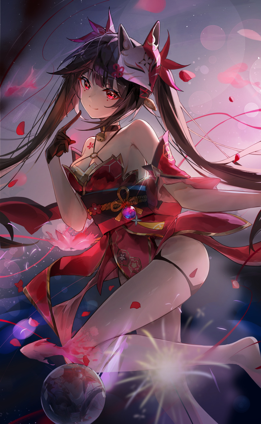 1girl absurdres bare_shoulders barefoot bell black_gloves black_sash breasts brown_hair chest_tattoo cleavage closed_mouth criss-cross_halter detached_sleeves fireworks flower_tattoo foot_out_of_frame fox_mask gloves hair_bell hair_ornament halterneck hand_up highres honkai:_star_rail honkai_(series) index_finger_raised japanese_clothes jingle_bell k/a kimono knee_up looking_at_viewer mask neck_bell o-ring obi pointing pointing_at_self red_eyes red_kimono red_petals red_sleeves sash short_kimono sleeveless sleeveless_kimono smile solo sparkle_(honkai:_star_rail) sparkler tattoo twintails