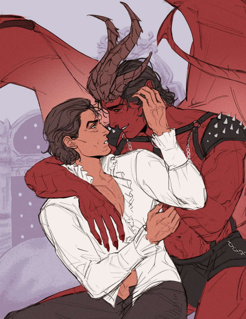 2boys baldur's_gate baldur's_gate_3 bara colored_skin couple curled_horns demon_boy demon_horns demon_tail demon_wings dungdungdu34242 dungeons_&amp;_dragons face-to-face feet_out_of_frame foreplay haarlep highres horns interspecies large_horns male_focus monster_boy multiple_boys muscular muscular_male pectoral_cleavage pectorals raphael_(baldur's_gate) red_skin seductive_smile smile tail topless_male wings yaoi