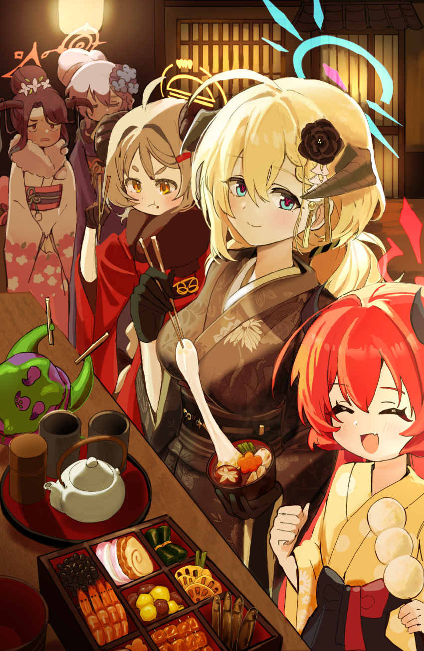 5girls absurdres akari_(blue_archive) akari_(new_year)_(blue_archive) black_hair black_horns black_kimono blonde_hair blue_archive blue_eyes blue_halo blush brown_hair chopsticks closed_mouth dango demon_horns eating flower food fur-trimmed_kimono fur_trim fuuka_(blue_archive) fuuka_(new_year)_(blue_archive) g1_(user_tjwy5444) grey_hair hair_between_eyes hair_flower hair_ornament halo haruna_(blue_archive) haruna_(new_year)_(blue_archive) highres holding holding_chopsticks holding_food horns izumi_(blue_archive) izumi_(new_year)_(blue_archive) japanese_clothes junko_(blue_archive) junko_(new_year)_(blue_archive) kimono long_hair long_sleeves mochi multiple_girls obi official_alternate_costume open_mouth osechi pink_halo red_eyes red_hair red_halo red_kimono sash smile wagashi white_kimono wide_sleeves yellow_eyes yellow_halo yellow_kimono